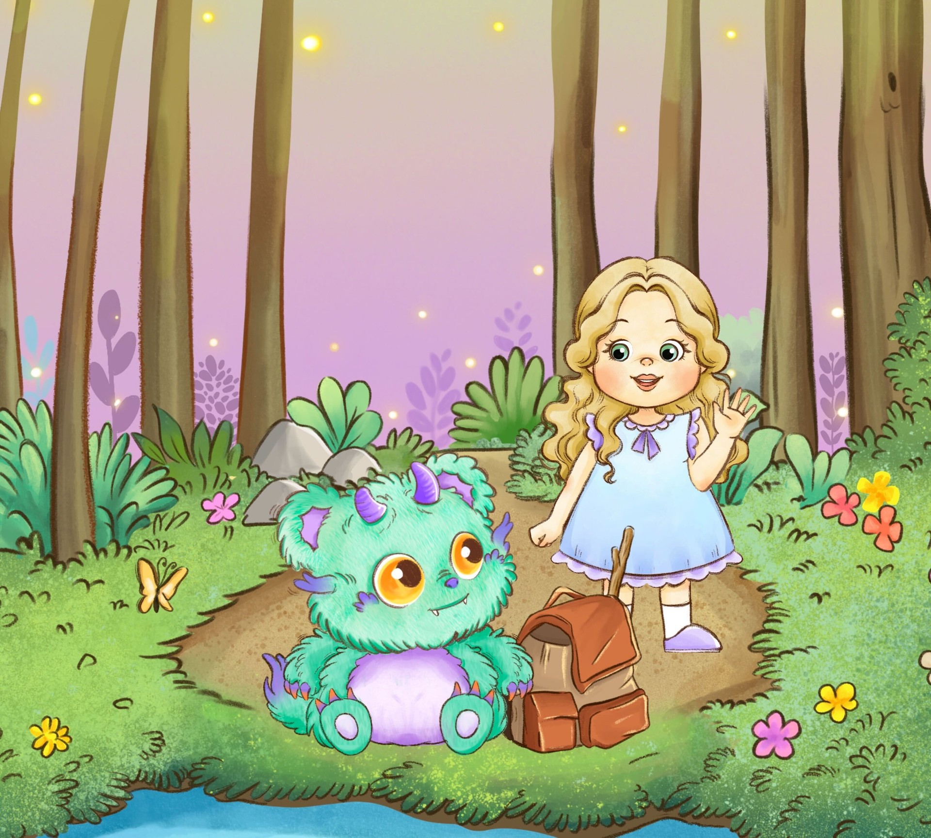 Froggles and Emi meeting on a forest path