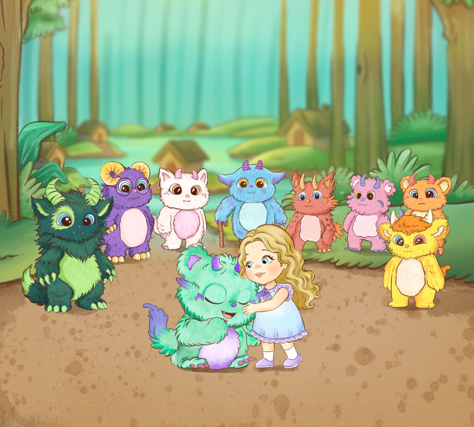 Emi and Froggles surrounded by the whole monster village