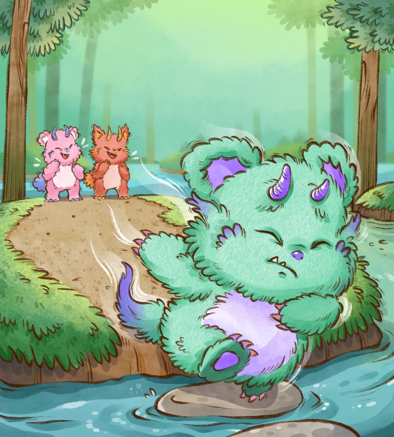 Froggles by the stream while two little monsters laugh