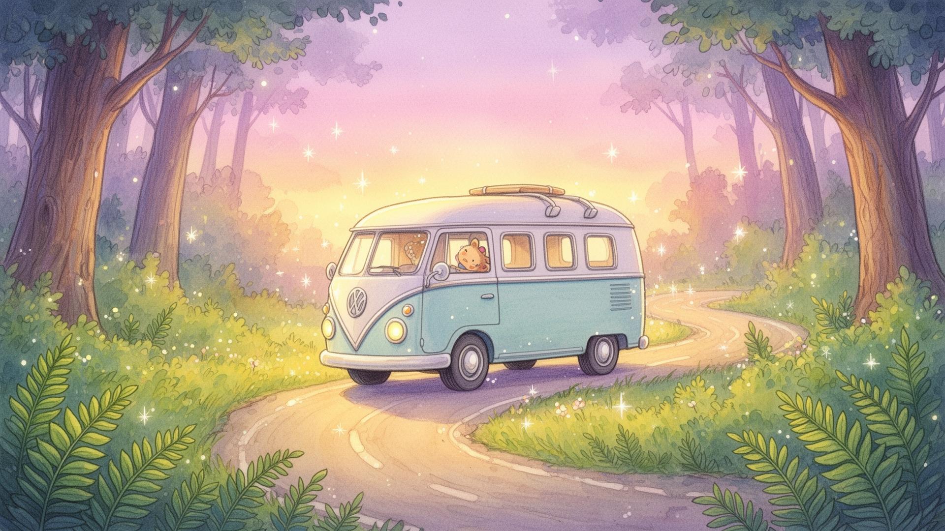 A whimsical camper van on a magical forest road