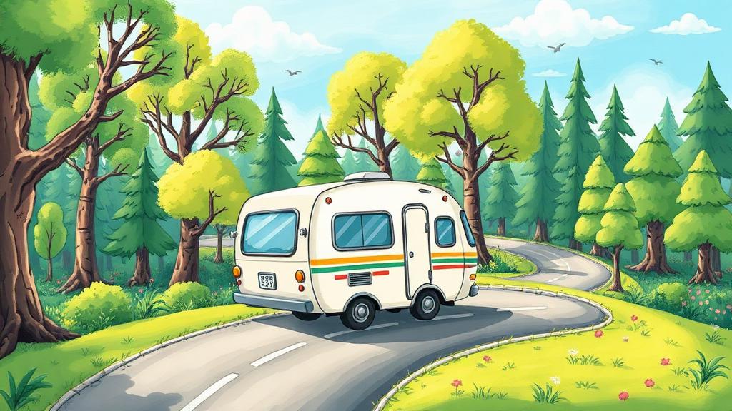 A whimsical camper van driving through an enchanted forest — placeholder image, RV photo coming soon